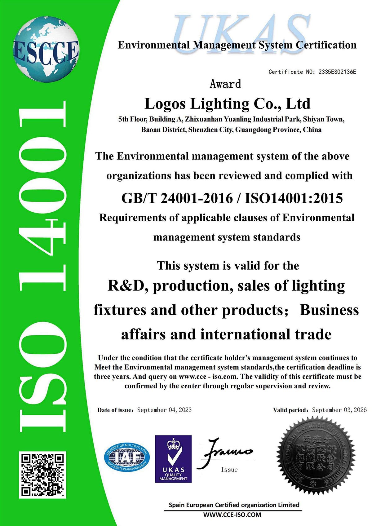 LogosLED ISO14001 Certificate