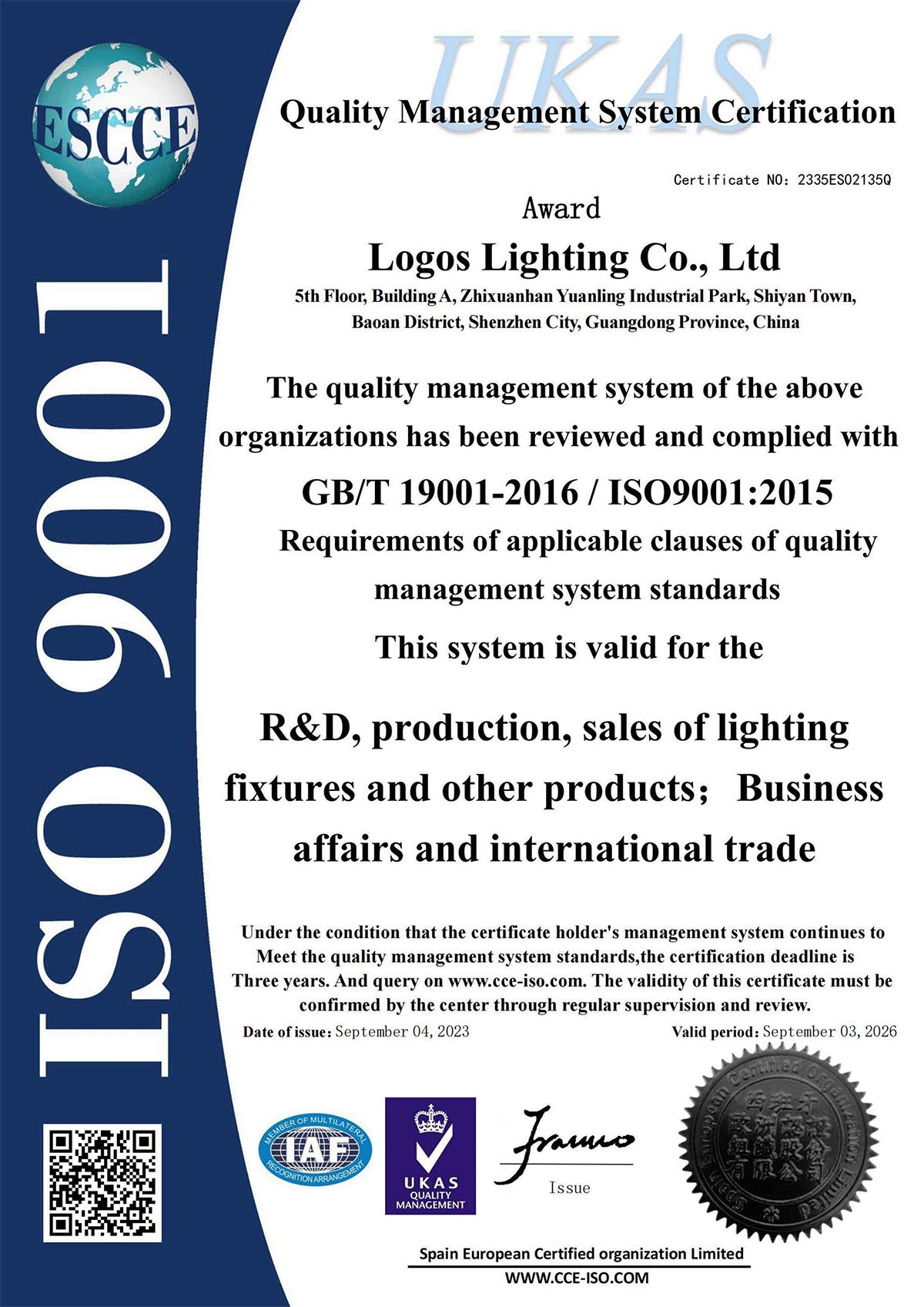 LogosLED ISO9001 Certificate