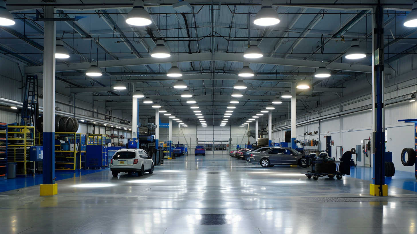 Automotive_workshop_featuring_UFO_LED_high_bay_lights
