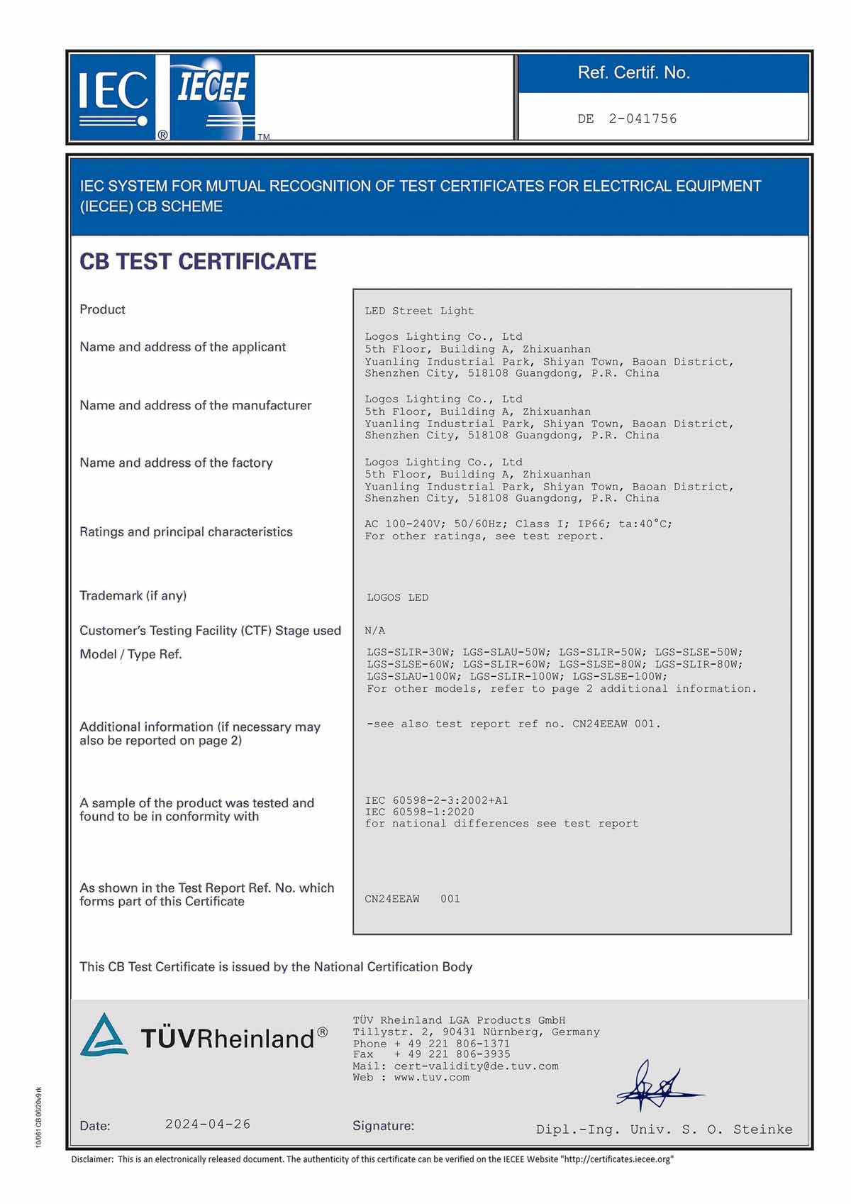 LogosLED CB Cert for LED Street Light