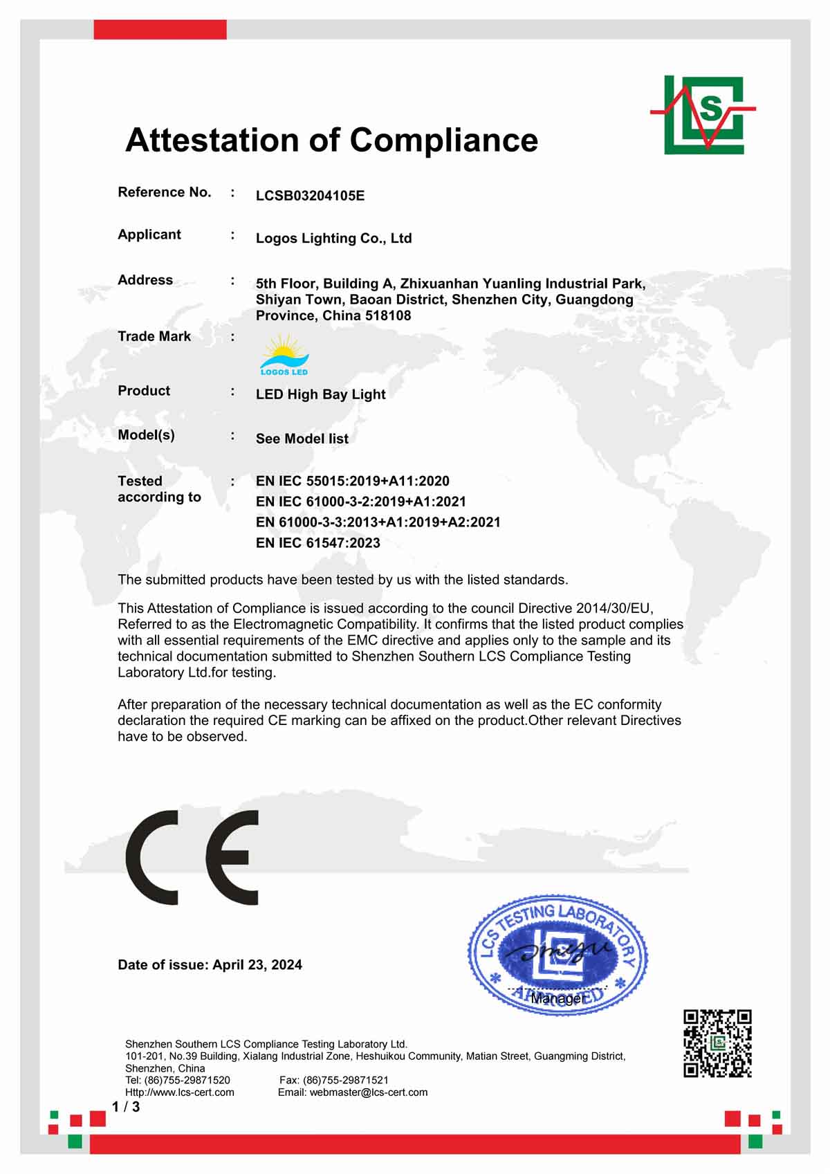 LogosLED CE Cert for LED High Bay Light