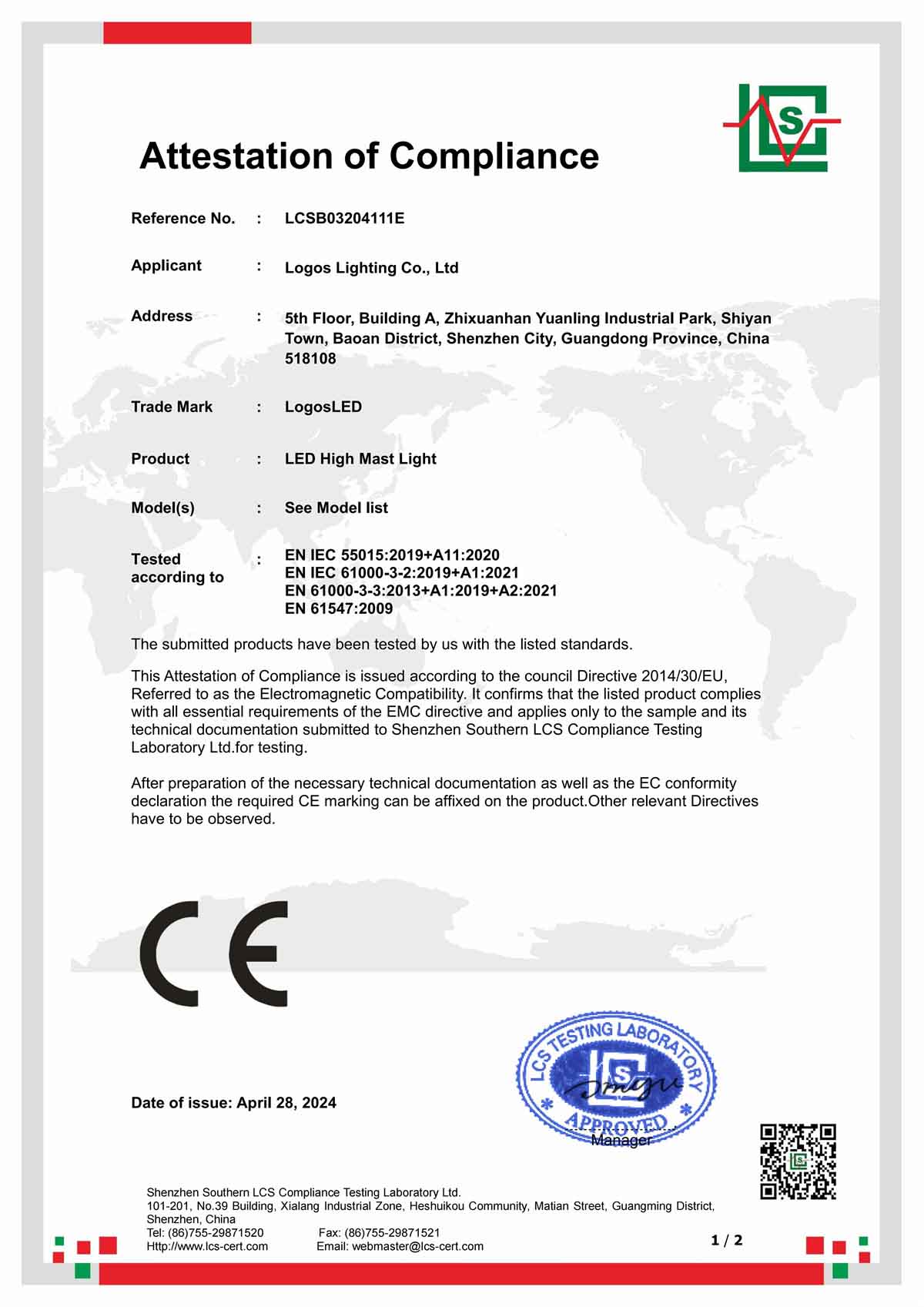 LogosLED CE-EMC Cert for LED High Mast Light New LogosLED CE-EMC Cert for LED High Mast Light New