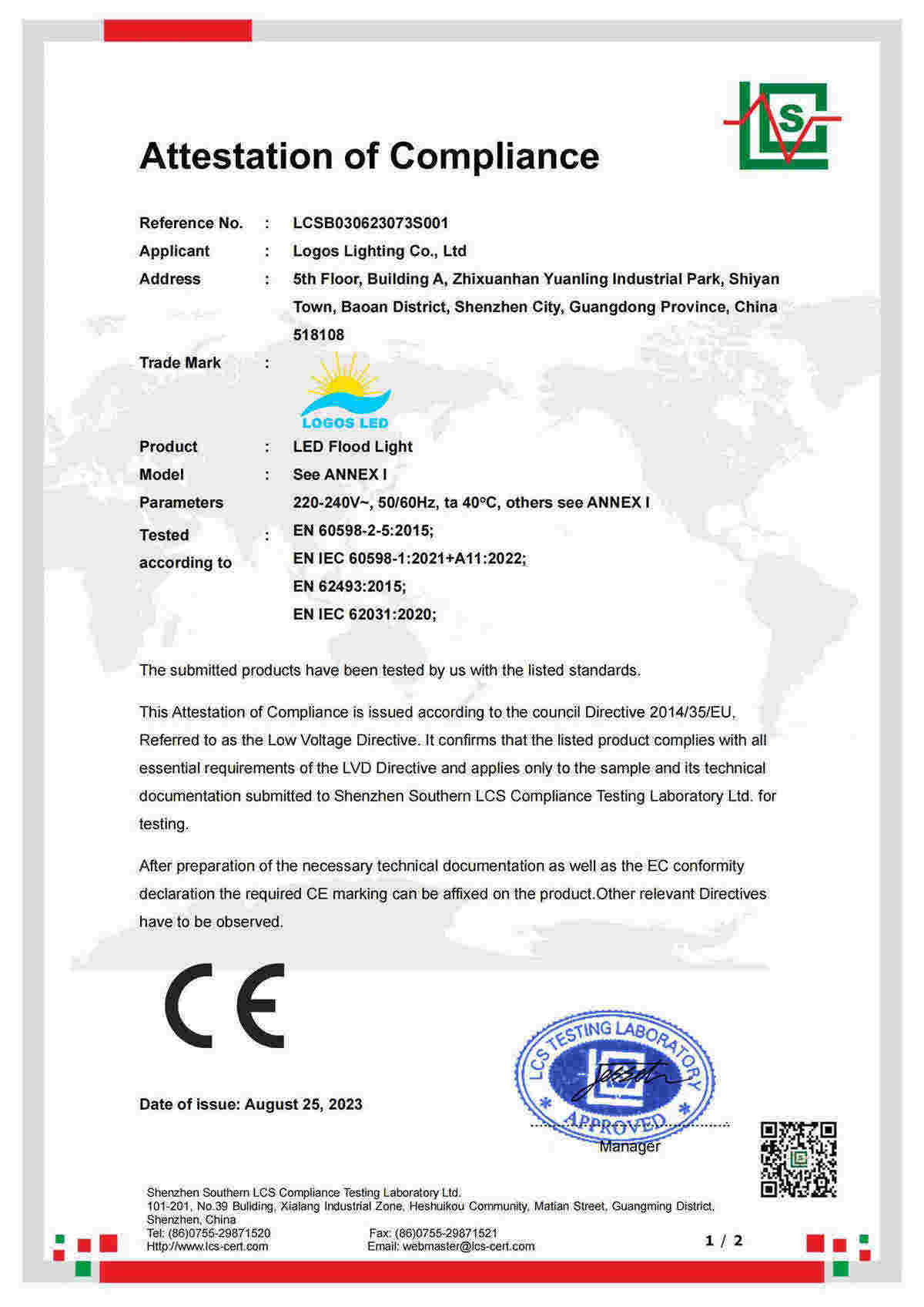 LogosLED CE-LVD Cert for LED Flood Light LogosLED CE-LVD Cert for LED Flood Light