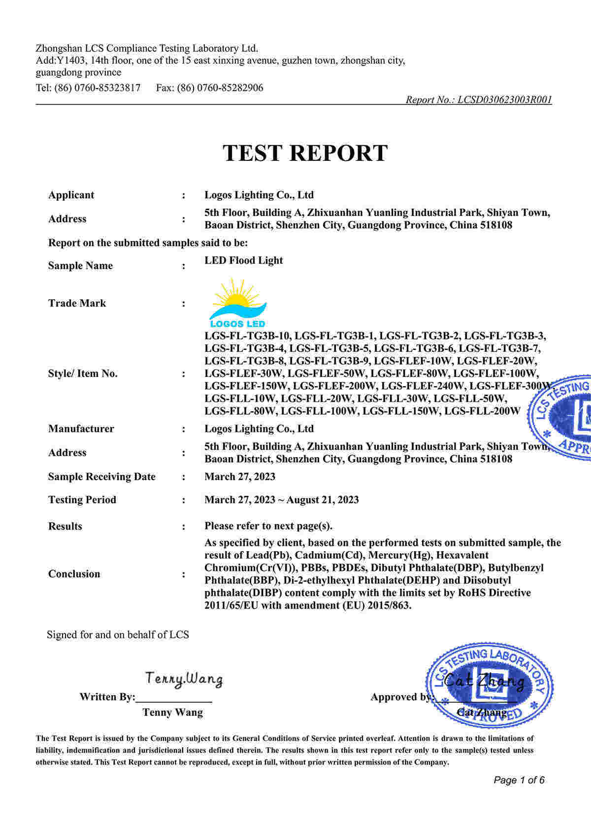 LogosLED RoHS Report for LED Flood Light LogosLED RoHS Report for LED Flood Light
