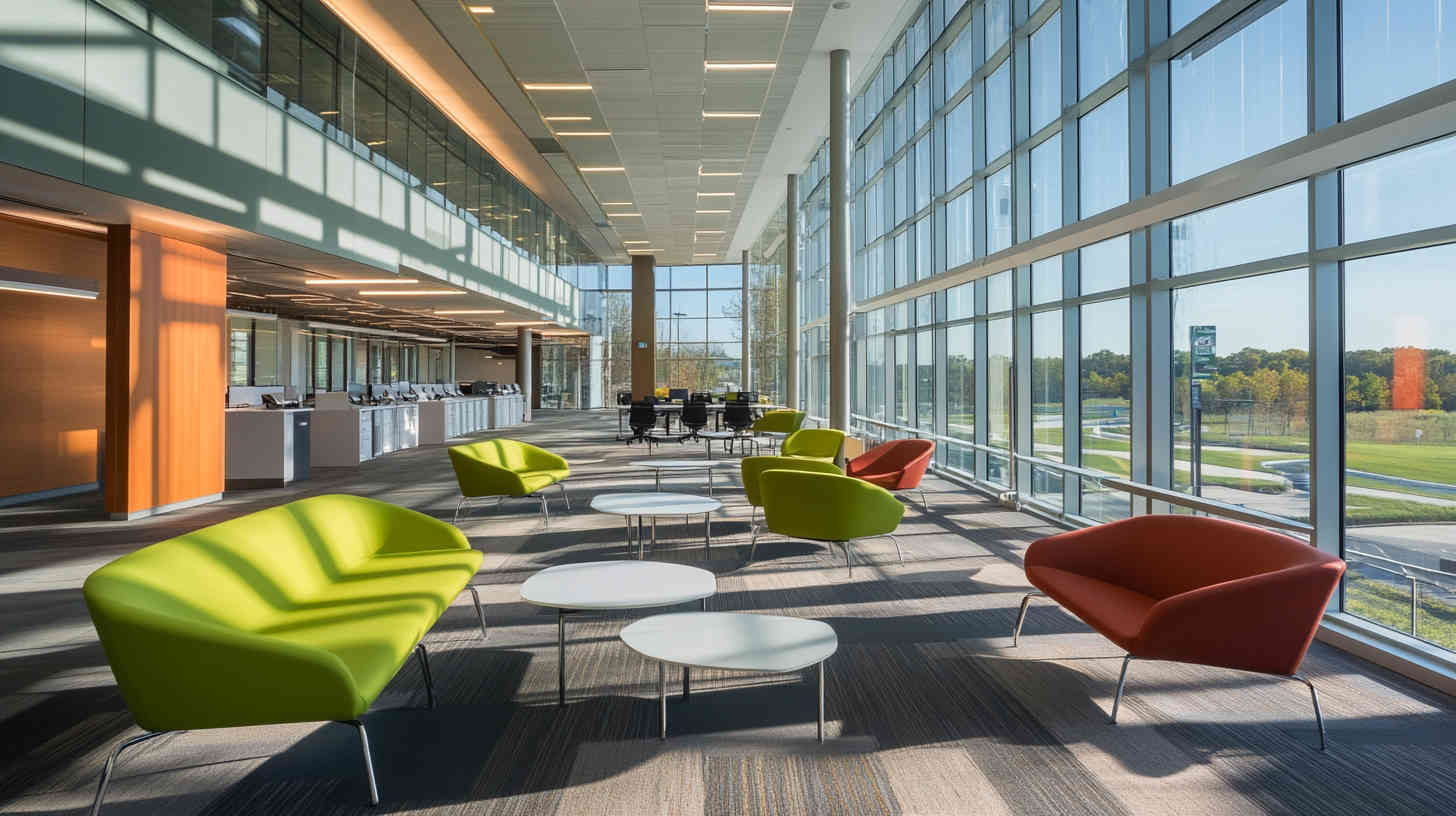 A_modern_office_space_with_large_glass_windows_natural light and artifical lighting