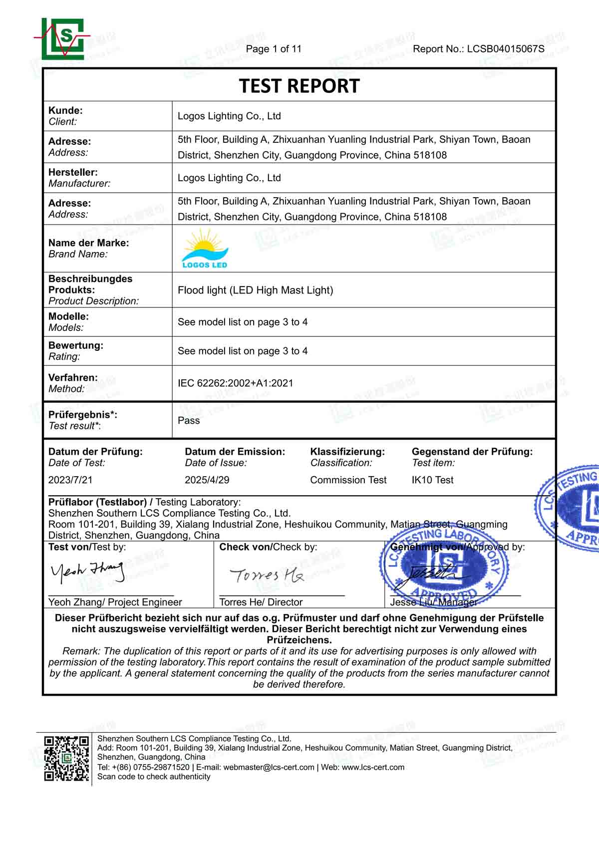 LogosLED IK10 Report for Flood Light(LED High Mast Light) LogosLED IK10 Report for Flood Light(LED High Mast Light)