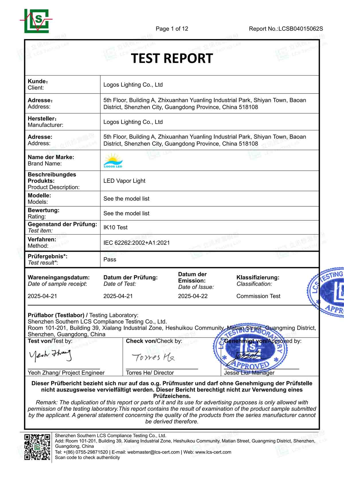 LogosLED IK10 Report for LED Vapor Light