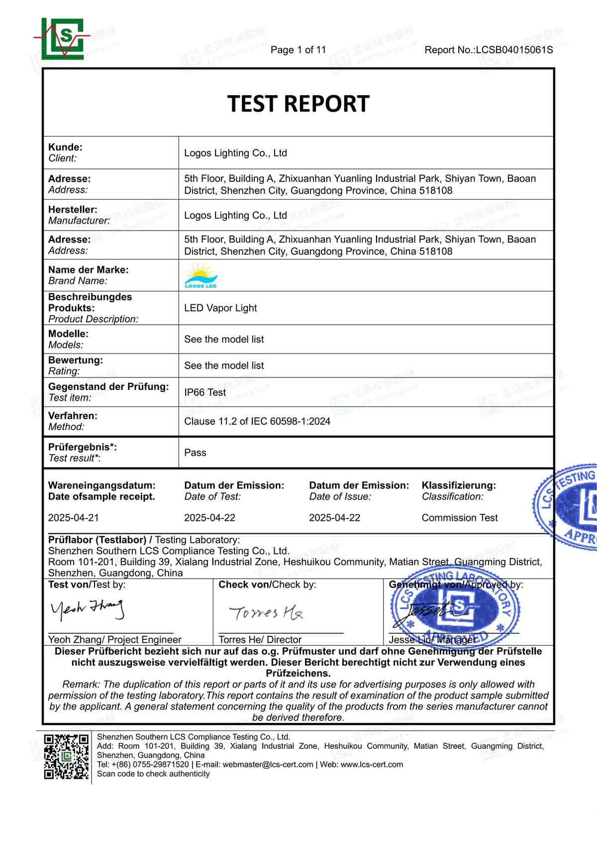 LogosLED IP66 Report for LED Vapor Light
