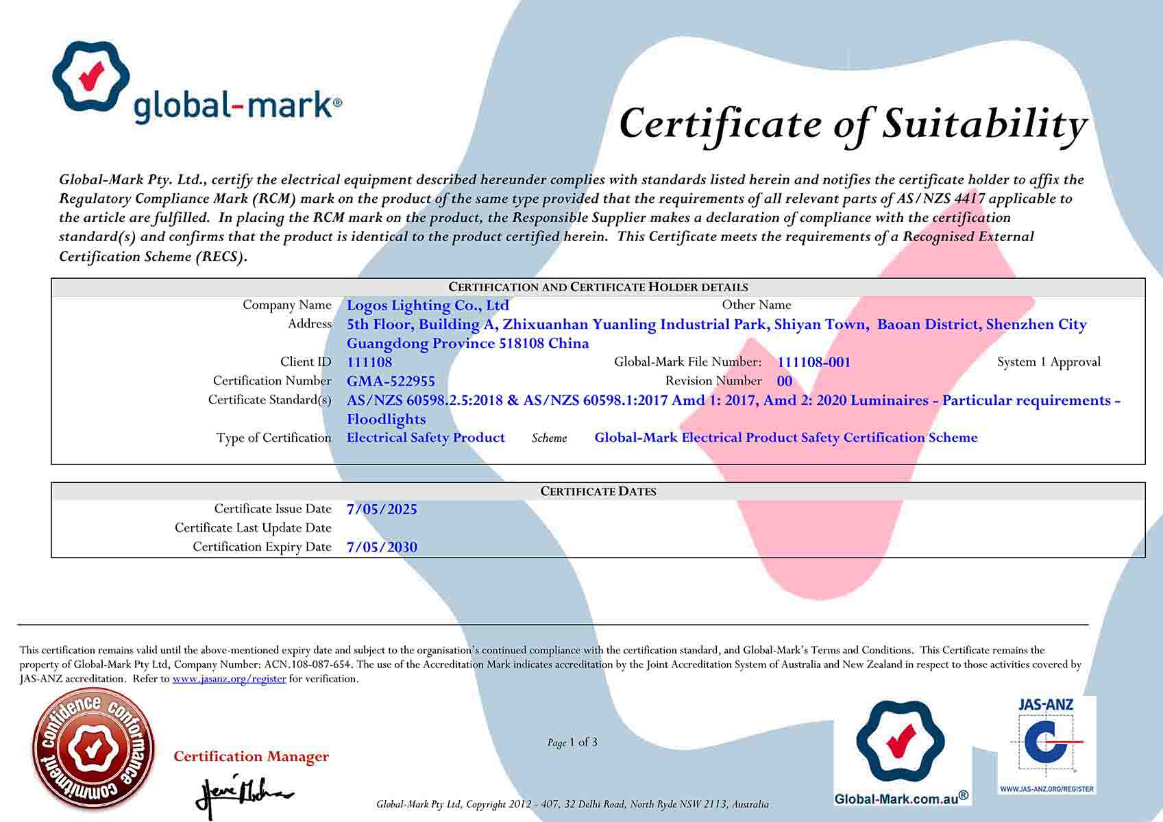 LogosLED SAA Certificate for LED Flood Light
