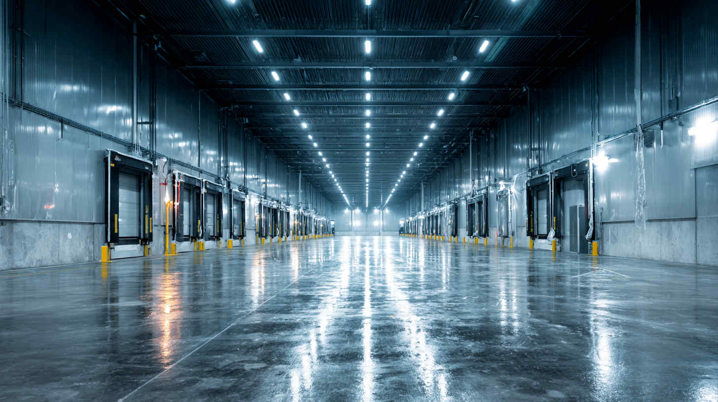 long_narrow_aisle_in_refrigerated_warehouse_with_LED_lights