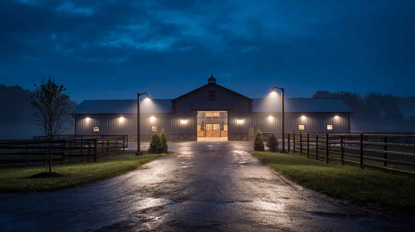 nighttime_view_of_pole_barn_exterior_with_LED_outdoor_pole_lights