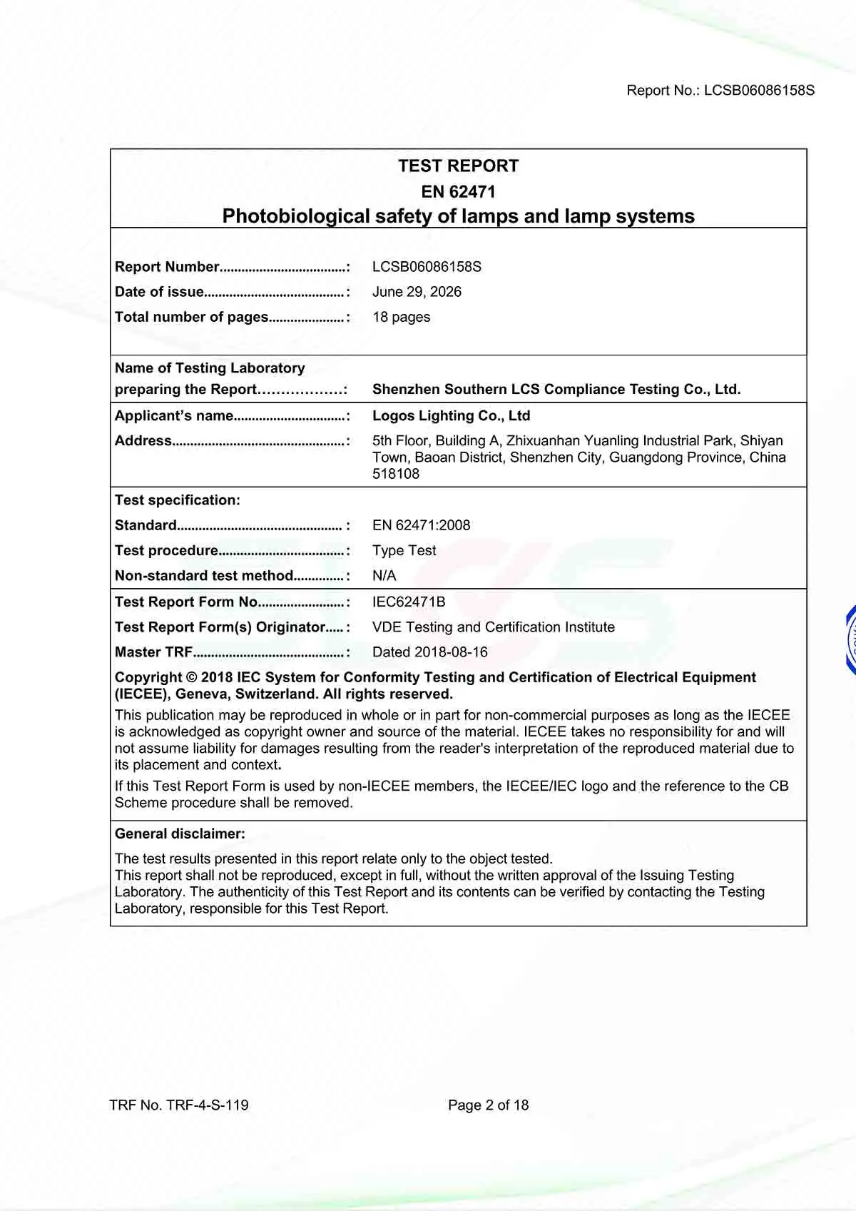 EN62471 Testing Report for LED High Bay Light