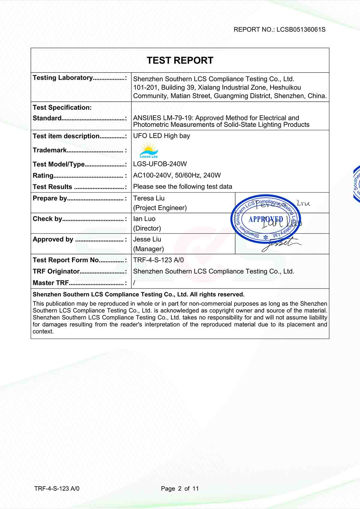 LogosLED LM79 Report for LED High Bay Light