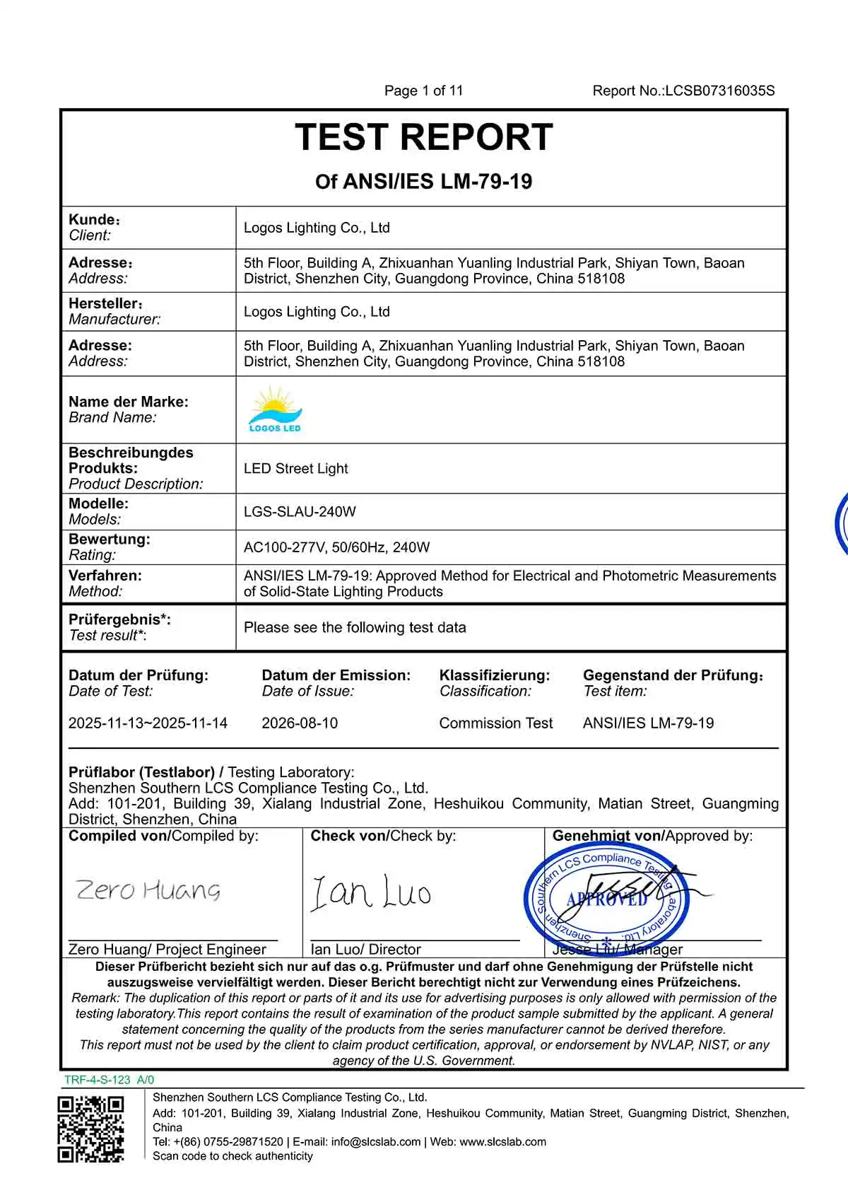 LogosLED LM79 Testing Report for LED Street Light LogosLED LM79 Report for LED Street Light
