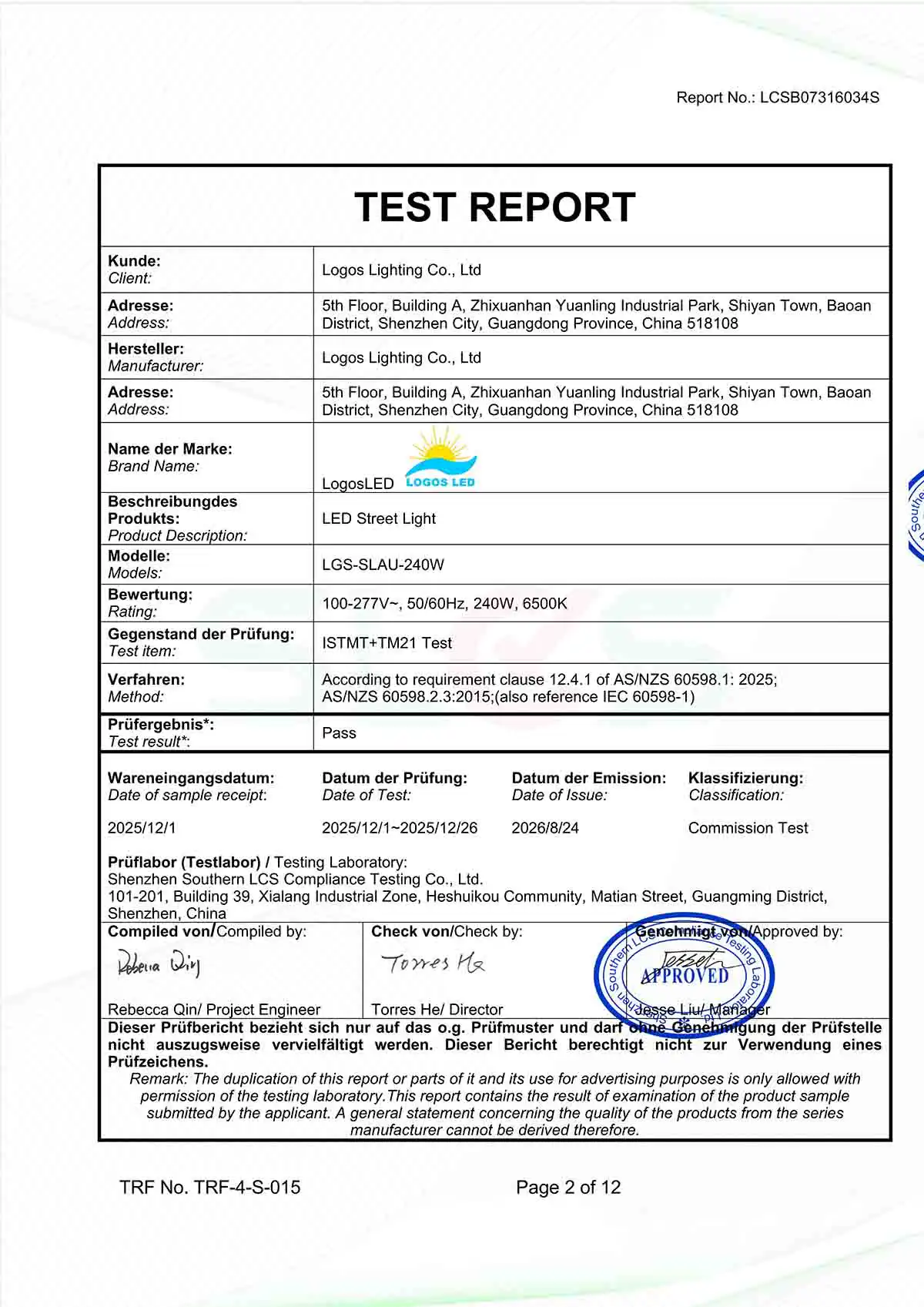 LogosLED TM21 Testing Report for LED Street Light LogosLED TM21 Report for LED Street Light